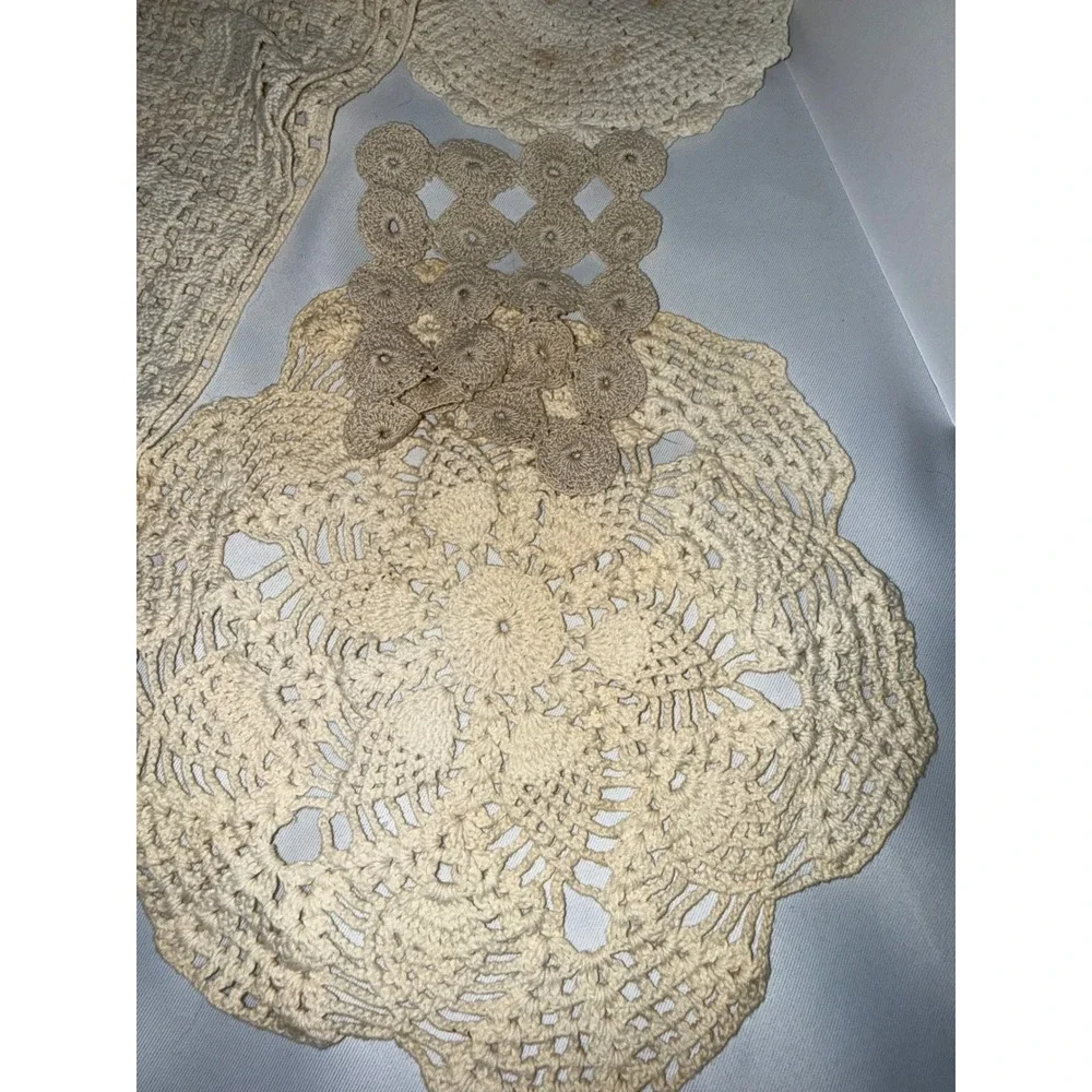 Vintage Crochet Doilies & Embroidered Puppy Linen Lot Shabby Chic Crafting 8pc